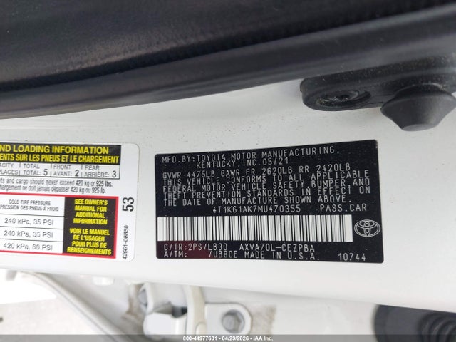 Aukcja sprzedaży 2021 Toyota Camry Xse, vin: 4T1K61AK7MU470355, numer aukcji: 44977631