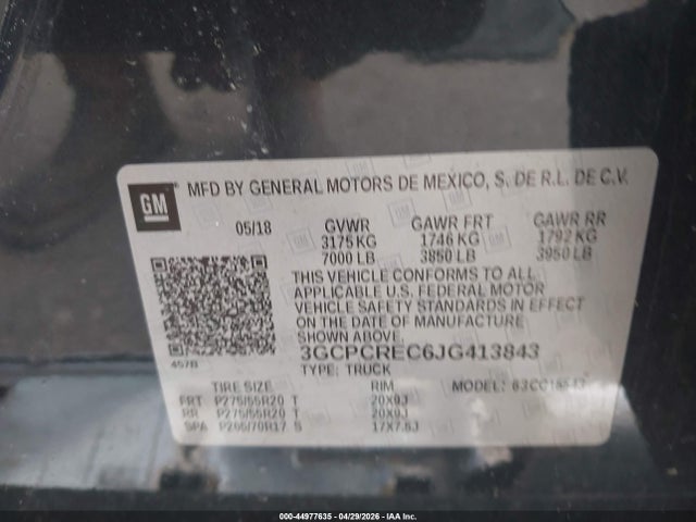 44977635 :رقم المزاد ، 3GCPCREC6JG413843 vin ، 2018 Chevrolet Silverado 1500 1lt مزاد بيع