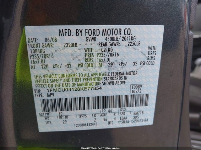 2008 Ford Escape Xlt მანქანა იყიდება აუქციონზე, vin: 1FMCU03128KE77854, აუქციონის ნომერი: 44977640