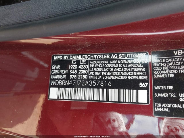 44977698 :رقم المزاد ، WDBRN47J72A357816 vin ، 2002 Mercedes-benz C 230 مزاد بيع
