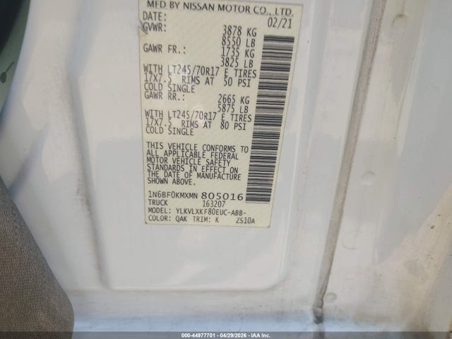 Aukcja sprzedaży 2021 Nissan Nv Cargo Nv1500 Sv Standard Roof V6, vin: 1N6BF0KMXMN805016, numer aukcji: 44977701