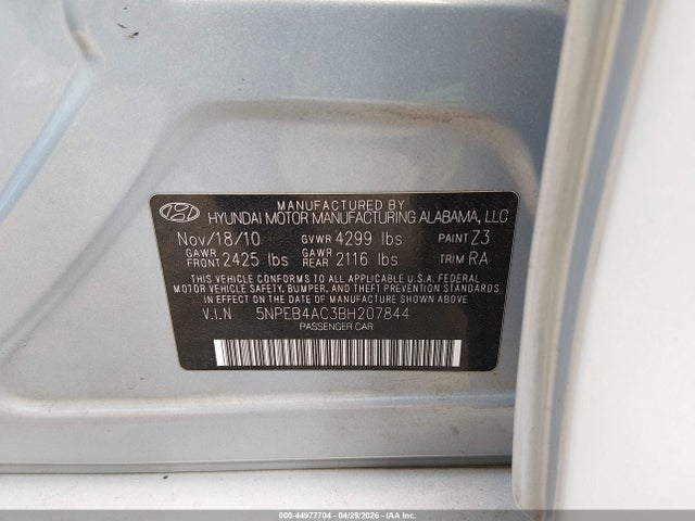 Aukcja sprzedaży 2011 Hyundai Sonata Gls, vin: 5NPEB4AC3BH207844, numer aukcji: 44977704