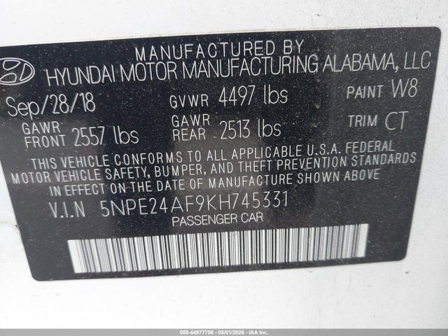 Продажа на аукционе авто 2019 Hyundai Sonata Se, vin: 5NPE24AF9KH745331, номер лота: 44977706
