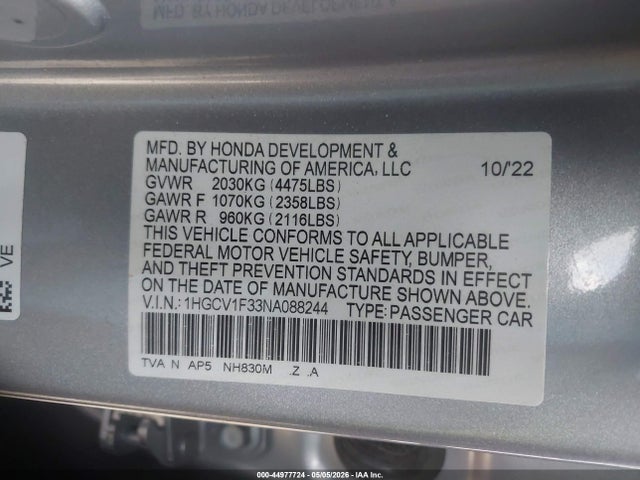 2022 Honda Accord Sport მანქანა იყიდება აუქციონზე, vin: 1HGCV1F33NA088244, აუქციონის ნომერი: 44977724