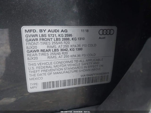 Aukcja sprzedaży 2019 Audi Sq5 3.0t Premium, vin: WA1B4AFY1K2025605, numer aukcji: 44977725