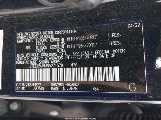 Aukcja sprzedaży 2022 Toyota 4runner Sr5, vin: JTEEU5JR3N5271578, numer aukcji: 44977743