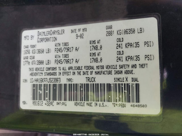 Продажа на аукционе авто 2003 Dodge Ram 1500 St, vin: 1D7HA16K63J523963, номер лота: 44977746