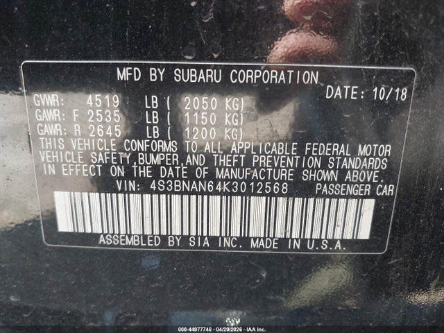 Aukcja sprzedaży 2019 Subaru Legacy 2.5i Limited, vin: 4S3BNAN64K3012568, numer aukcji: 44977748