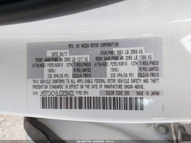 44977755 :رقم المزاد ، JM3TCACY8J0206400 vin ، 2018 Mazda Cx-9 Touring مزاد بيع