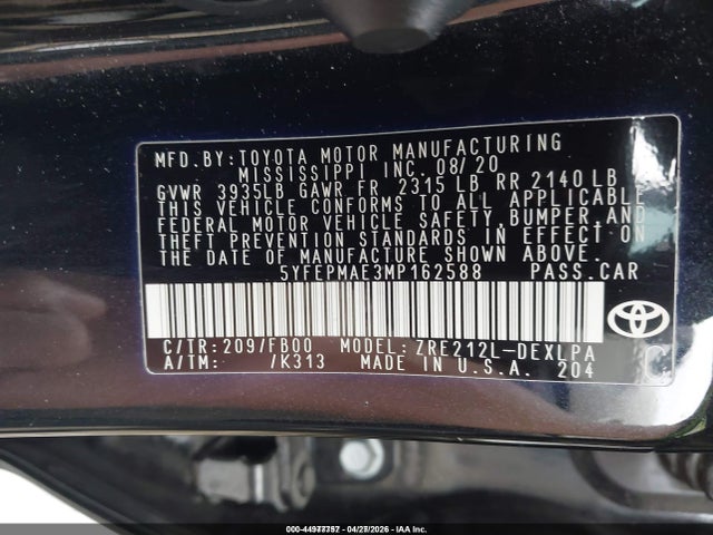 44977757 :رقم المزاد ، 5YFEPMAE3MP162588 vin ، 2021 Toyota Corolla Le مزاد بيع