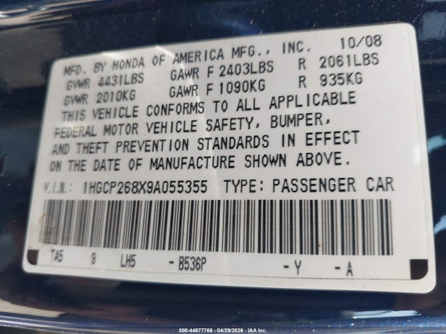 Auction sale of the 2009 Honda Accord 2.4 Ex-l, vin: 1HGCP268X9A055355, lot number: 44977766