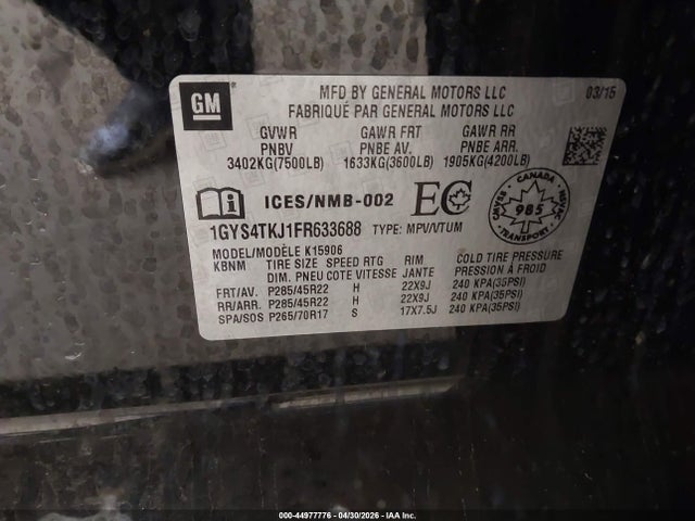 44977776 :رقم المزاد ، 1GYS4TKJ1FR633688 vin ، 2015 Cadillac Escalade Esv Premium مزاد بيع