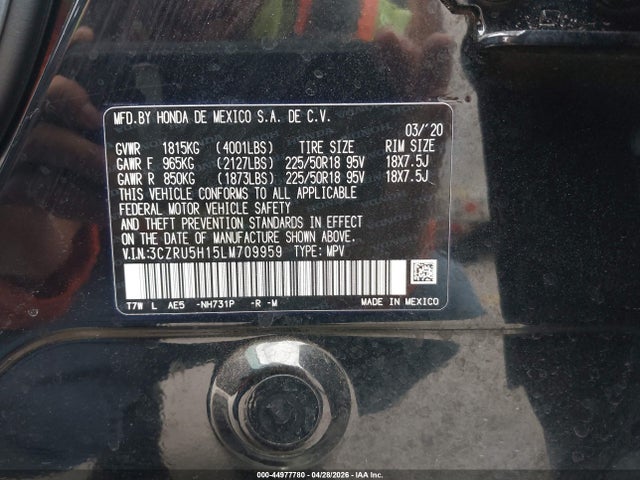 44977780 :رقم المزاد ، 3CZRU5H15LM709959 vin ، 2020 Honda Hr-v 2wd Sport مزاد بيع
