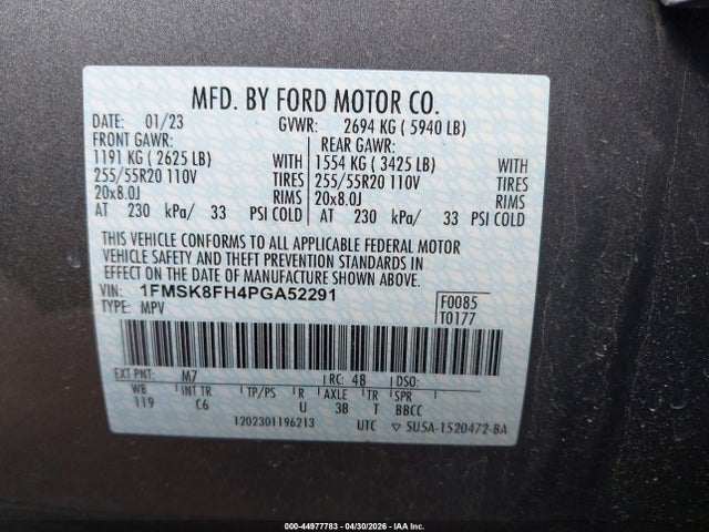 44977783 :رقم المزاد ، 1FMSK8FH4PGA52291 vin ، 2023 Ford Explorer Limited مزاد بيع