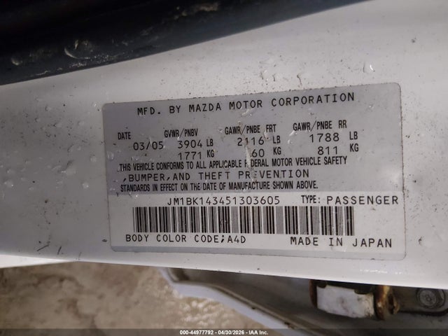 Продаж на аукціоні авто 2005 Mazda Mazda3 S, vin: JM1BK143451303605, номер лоту: 44977792