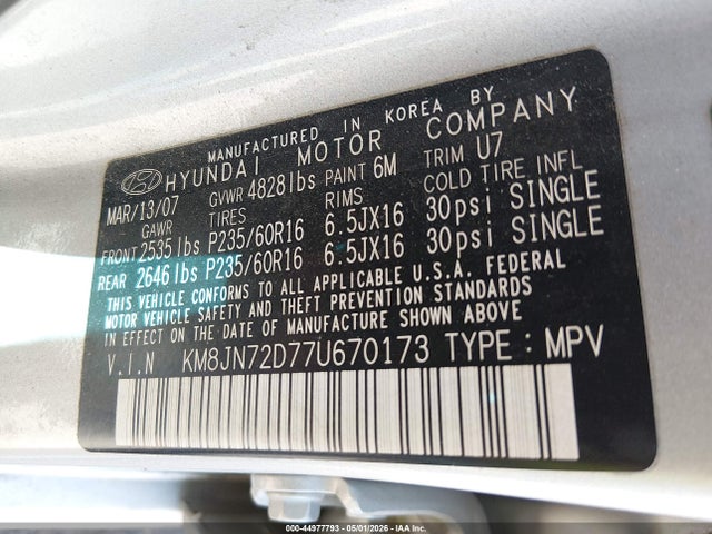 Продажа на аукционе авто 2007 Hyundai Tucson Limited/se, vin: KM8JN72D77U670173, номер лота: 44977793
