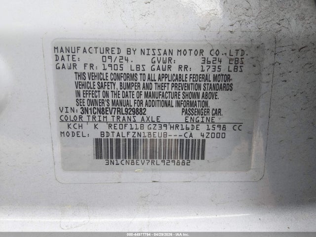 Aukcja sprzedaży 2024 Nissan Versa 1.6 Sv, vin: 3N1CN8EV7RL929882, numer aukcji: 44977794