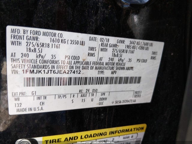 44977795 :رقم المزاد ، 1FMJK1JT6JEA27412 vin ، 2018 Ford Expedition Max Xlt مزاد بيع