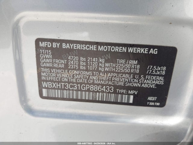 2016 Bmw X1 Xdrive28i მანქანა იყიდება აუქციონზე, vin: WBXHT3C31GP886433, აუქციონის ნომერი: 44977802