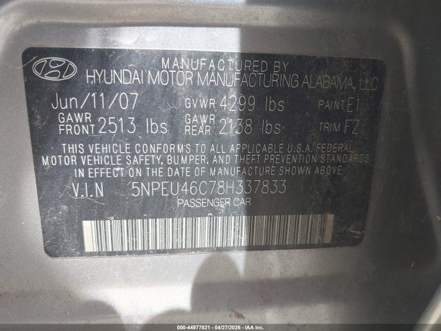 2008 Hyundai Sonata Limited/se მანქანა იყიდება აუქციონზე, vin: 5NPEU46C78H337833, აუქციონის ნომერი: 44977821