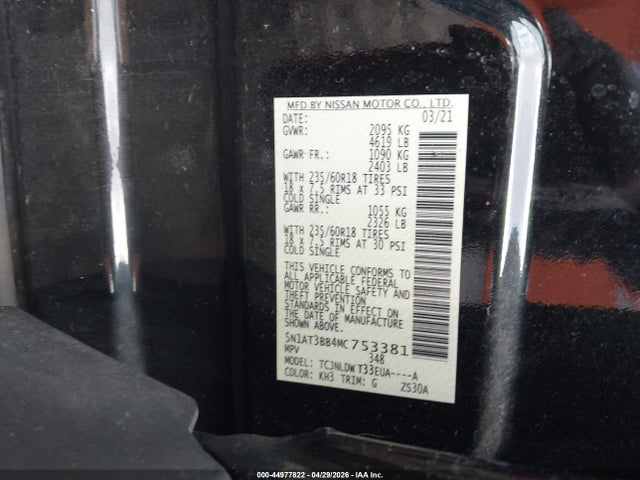 44977822 :رقم المزاد ، 5N1AT3BB4MC753381 vin ، 2021 Nissan Rogue Sv Intelligent Awd مزاد بيع