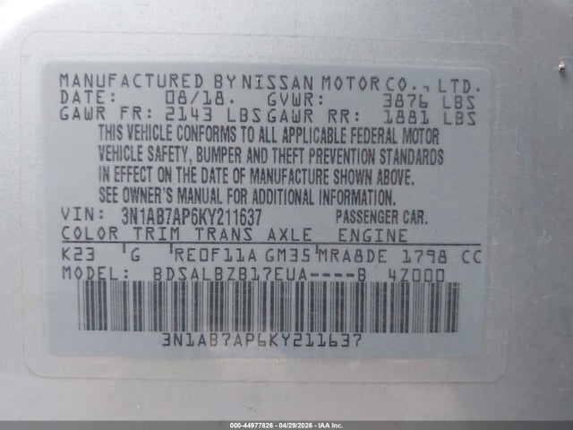 Aukcja sprzedaży 2019 Nissan Sentra S, vin: 3N1AB7AP6KY211637, numer aukcji: 44977826