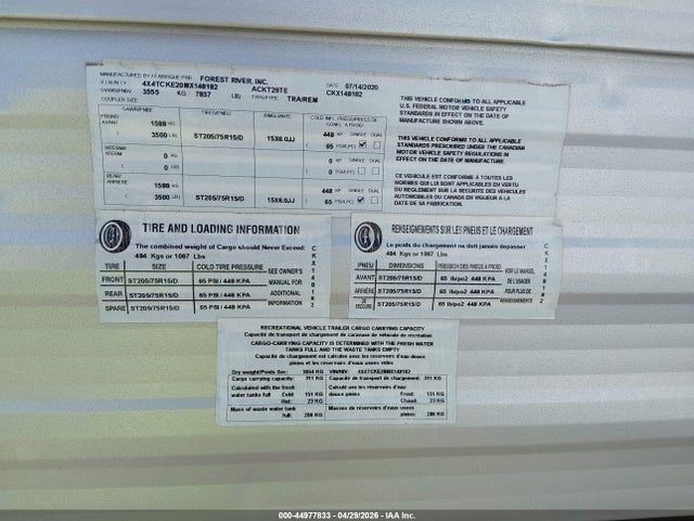 Продаж на аукціоні авто 2021 Forest River Other, vin: 4X4TCKE20MX148182, номер лоту: 44977833
