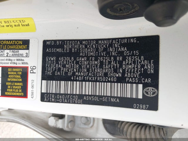 44977843 :رقم المزاد ، 4T4BF1FKXFR502460 vin ، 2015 Toyota Camry Le مزاد بيع