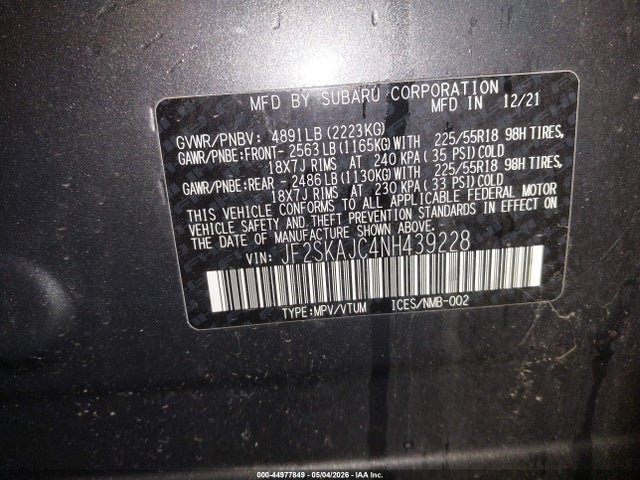 Продаж на аукціоні авто 2022 Subaru Forester Sport, vin: JF2SKAJC4NH439228, номер лоту: 44977849