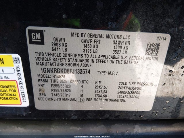 44977850 :رقم المزاد ، 1GNKRGKD8FJ133574 vin ، 2015 Chevrolet Traverse 1lt مزاد بيع