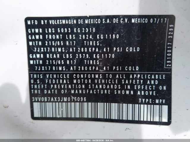 2018 Volkswagen Tiguan 2.0t S მანქანა იყიდება აუქციონზე, vin: 3VV0B7AX3JM017096, აუქციონის ნომერი: 44977864