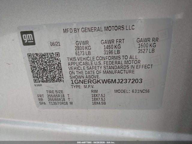44977865 :رقم المزاد ، 1GNERGKW6MJ237203 vin ، 2021 Chevrolet Traverse Fwd Lt Cloth مزاد بيع