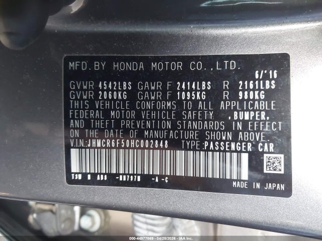 44977869 :رقم المزاد ، JHMCR6F50HC002848 vin ، 2017 Honda Accord Hybrid Ex-l مزاد بيع