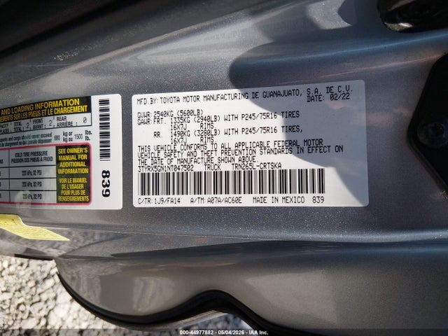 Auction sale of the 2022 Toyota Tacoma Sr, vin: 3TYRX5GN1NT047502, lot number: 44977882