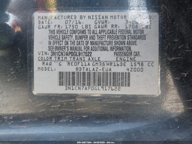 Nissan Versa 1.6 S+ 2016 3N1CN7AP0GL917622 Image 9