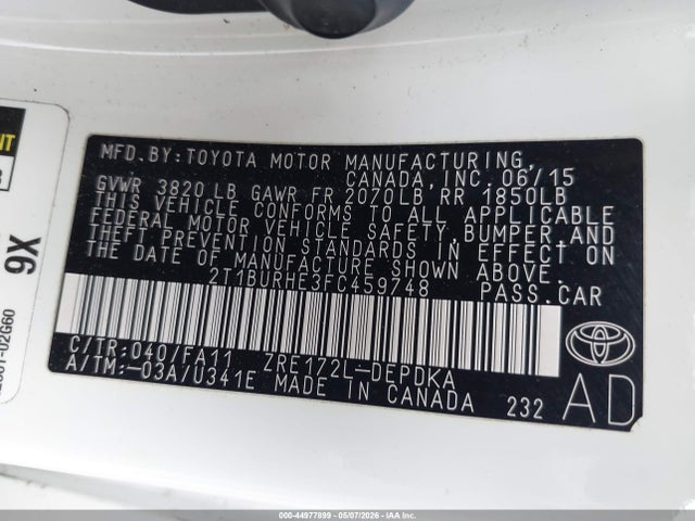 Продажа на аукционе авто 2015 Toyota Corolla L, vin: 2T1BURHE3FC459748, номер лота: 44977899