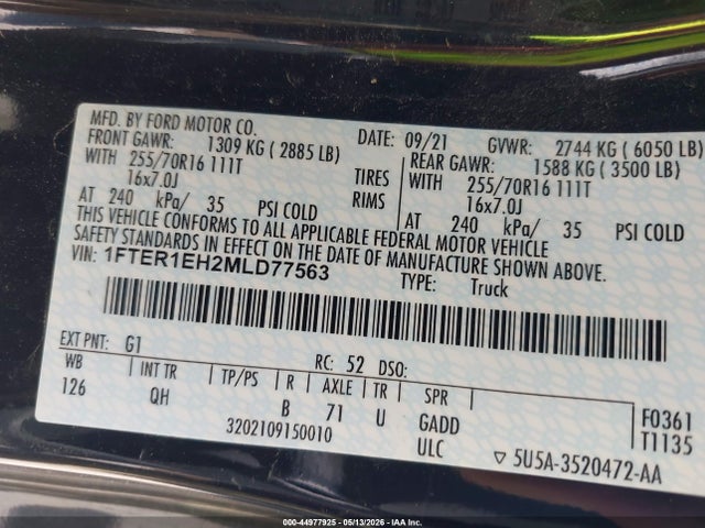 2021 Ford Ranger Xl მანქანა იყიდება აუქციონზე, vin: 1FTER1EH2MLD77563, აუქციონის ნომერი: 44977925