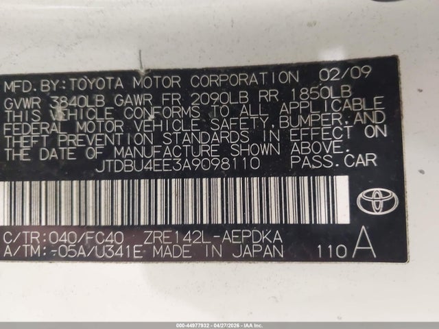 2010 Toyota Corolla Le მანქანა იყიდება აუქციონზე, vin: JTDBU4EE3A9098110, აუქციონის ნომერი: 44977932