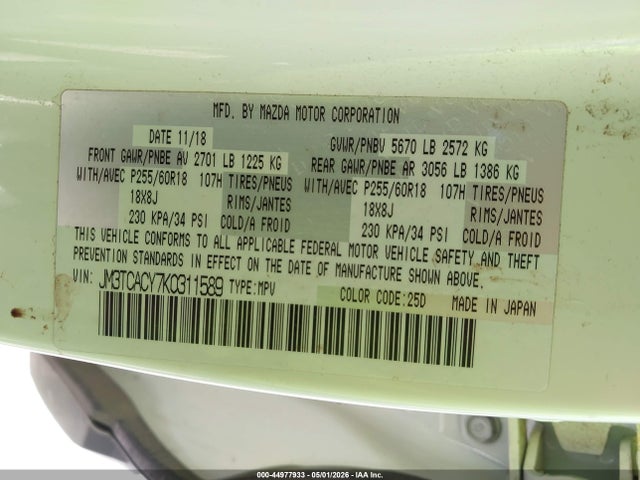 Aukcja sprzedaży 2019 Mazda Cx-9 Touring, vin: JM3TCACY7K0311589, numer aukcji: 44977933