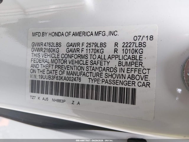 2019 Acura Tlx Tech   A-spec Pkgs მანქანა იყიდება აუქციონზე, vin: 19UUB3F63KA002476, აუქციონის ნომერი: 44977937