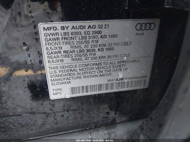 Aukcja sprzedaży 2021 Audi Q7 Premium 45 Tfsi Quattro Tiptronic, vin: WA1AJBF71MD033356, numer aukcji: 44977939
