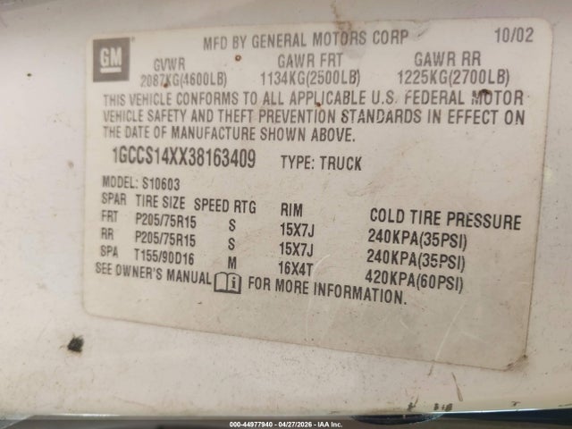 44977940 :رقم المزاد ، 1GCCS14XX38163409 vin ، 2003 Chevrolet S-10 مزاد بيع