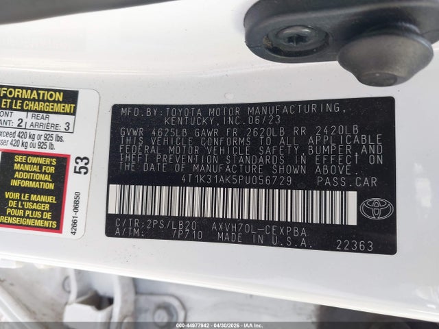 2023 Toyota Camry Xse Hybrid მანქანა იყიდება აუქციონზე, vin: 4T1K31AK5PU056729, აუქციონის ნომერი: 44977942