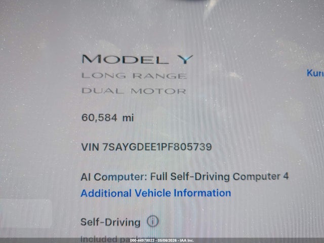 2023 Tesla Model Y Awd/long Range Dual Motor All-wheel Drive მანქანა იყიდება აუქციონზე, vin: 7SAYGDEE1PF805739, აუქციონის ნომერი: 44978022