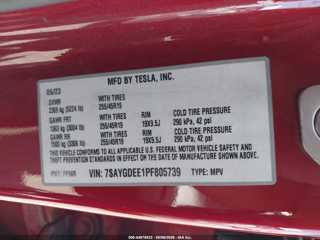 2023 Tesla Model Y Awd/long Range Dual Motor All-wheel Drive მანქანა იყიდება აუქციონზე, vin: 7SAYGDEE1PF805739, აუქციონის ნომერი: 44978022
