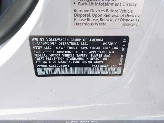 Продаж на аукціоні авто 2014 Volkswagen Passat 2.0l Tdi Se, vin: 1VWBN7A3XEC094046, номер лоту: 44978032
