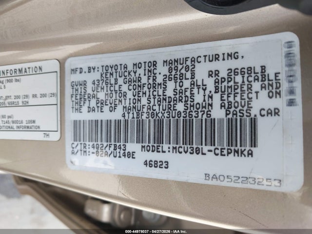 Aukcja sprzedaży 2003 Toyota Camry Le V6, vin: 4T1BF30KX3U036376, numer aukcji: 44978037