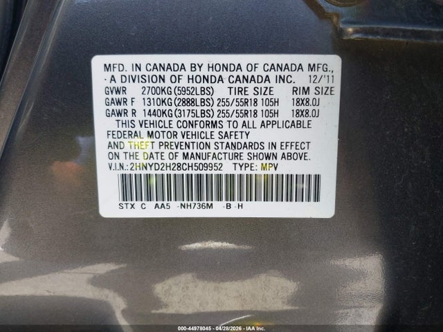 Aukcja sprzedaży 2012 Acura Mdx, vin: 2HNYD2H28CH509952, numer aukcji: 44978045