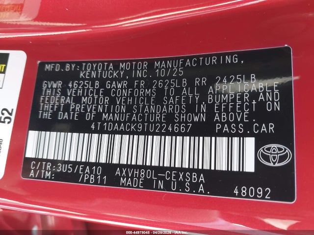 Продаж на аукціоні авто 2026 Toyota Camry Se, vin: 4T1DAACK9TU224667, номер лоту: 44978048