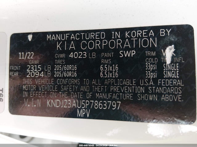 Aukcja sprzedaży 2023 Kia Soul S, vin: KNDJ23AU5P7863797, numer aukcji: 44978049